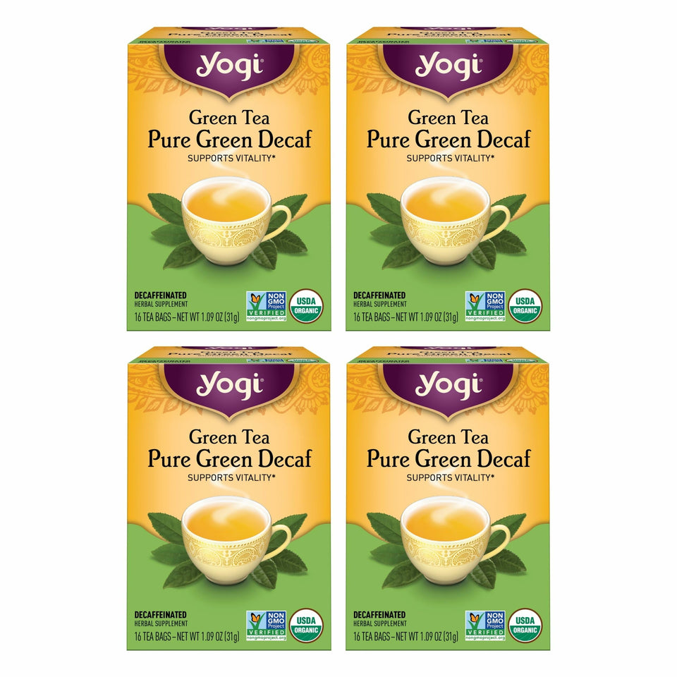 Yogi Pure Decaf Green Tea box packaging highlights organic and non-GMO ingredients.