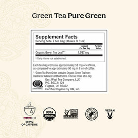 Yogi Pure Green Tea organic seal confirms vegan and non-GMO ingredients.