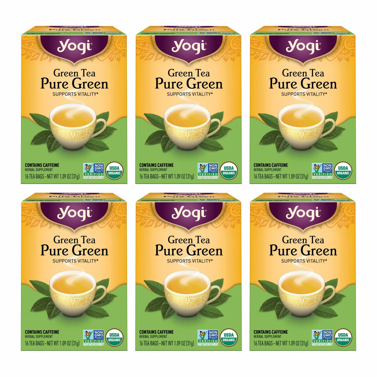 Yogi Pure Green Tea packaging box with USDA Organic label for clean sourcing.