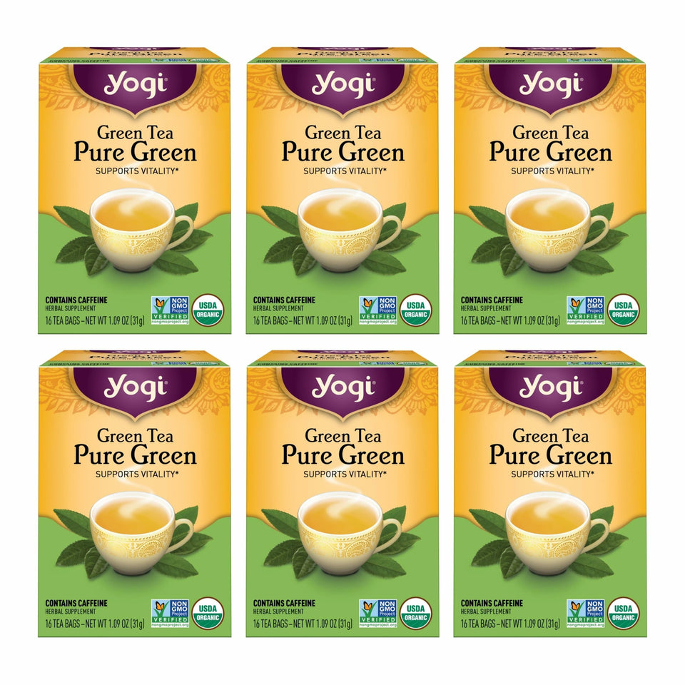 Yogi Pure Green Tea packaging box with USDA Organic label for clean sourcing.