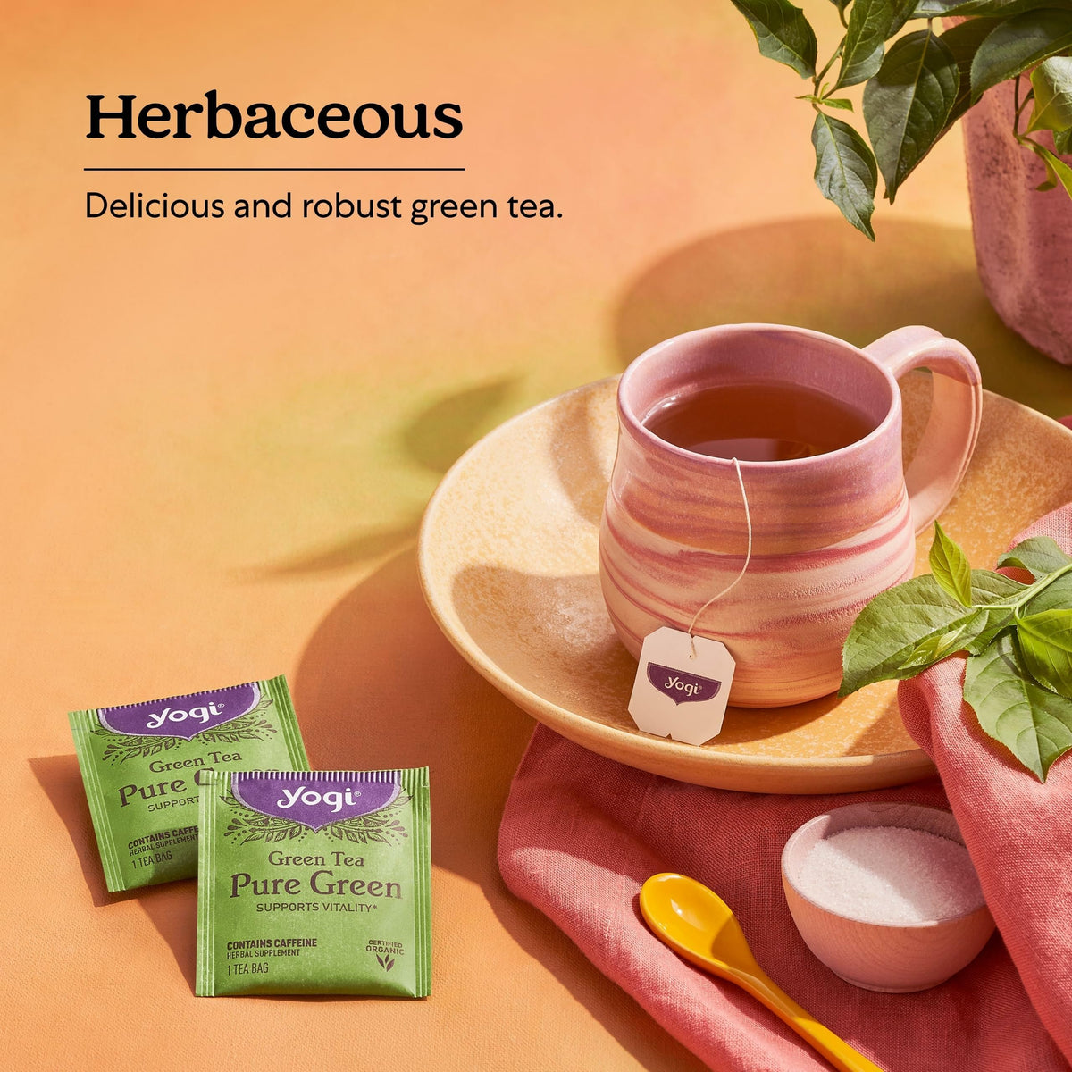 Yogi Pure Green Tea steeping in cup releases bright, grassy aroma.