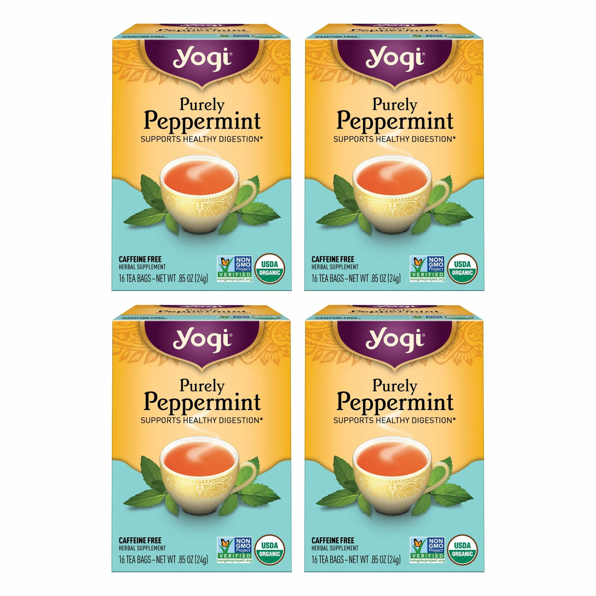 Yogi Purely Peppermint tea bags pack front with organic seal and caffeine-free aroma