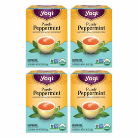 Yogi Purely Peppermint tea bags pack front with organic seal and caffeine-free aroma