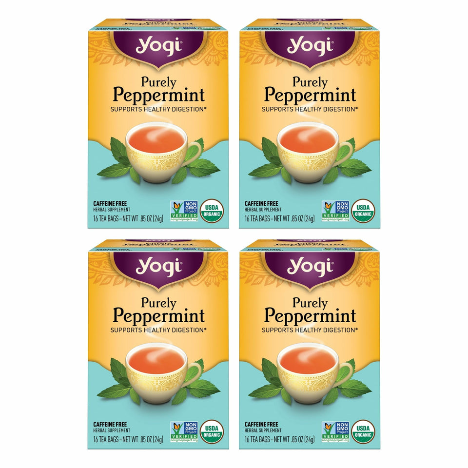 Yogi Purely Peppermint tea bags pack front with organic seal and caffeine-free aroma