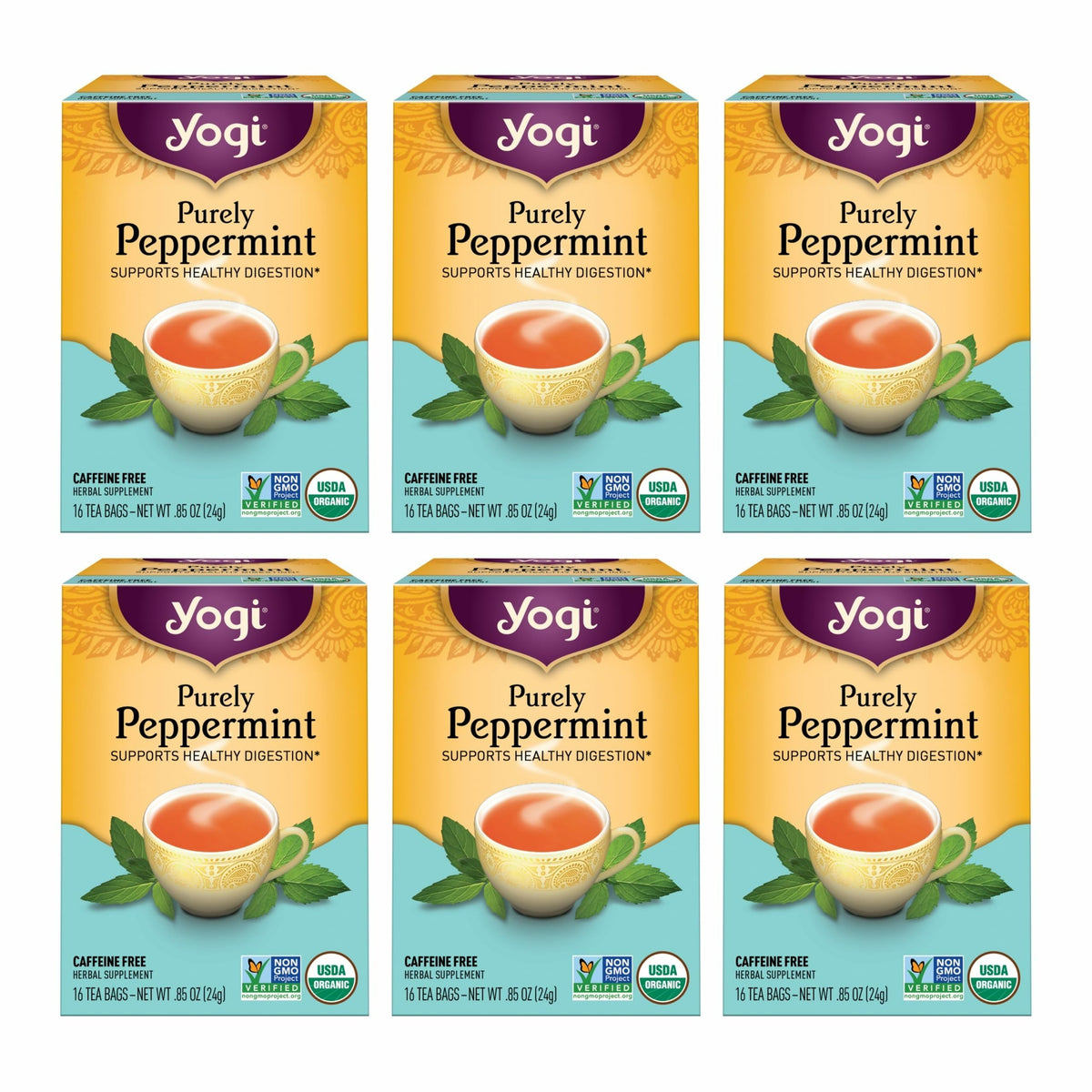 Yogi Purely Peppermint Tea box front, crisp labels and fresh aroma