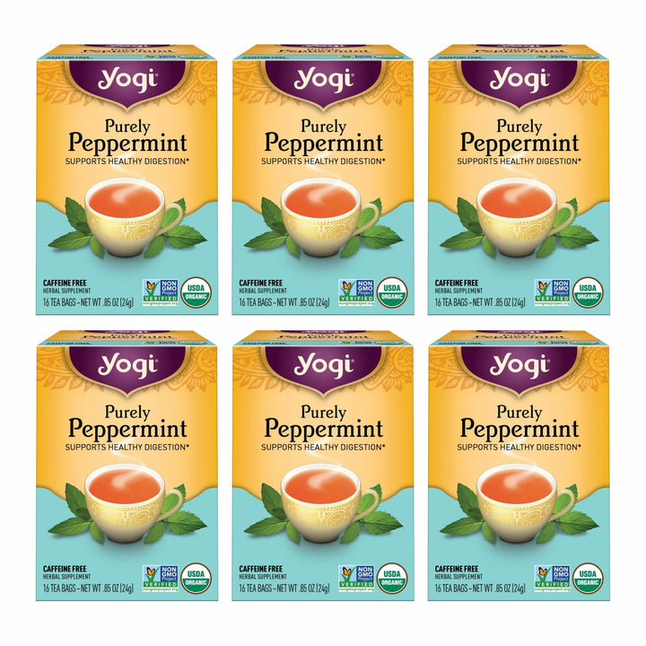 Yogi Purely Peppermint Tea box front, crisp labels and fresh aroma