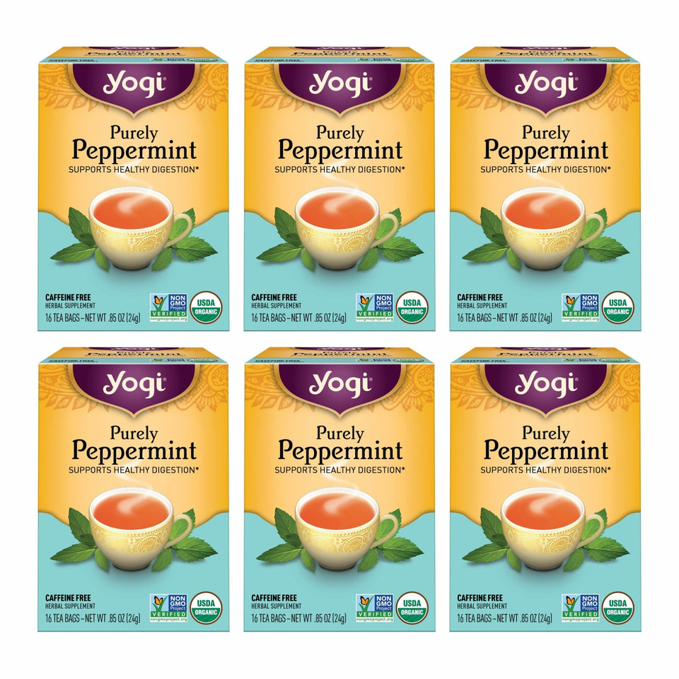 Yogi Purely Peppermint Tea box front, crisp labels and fresh aroma