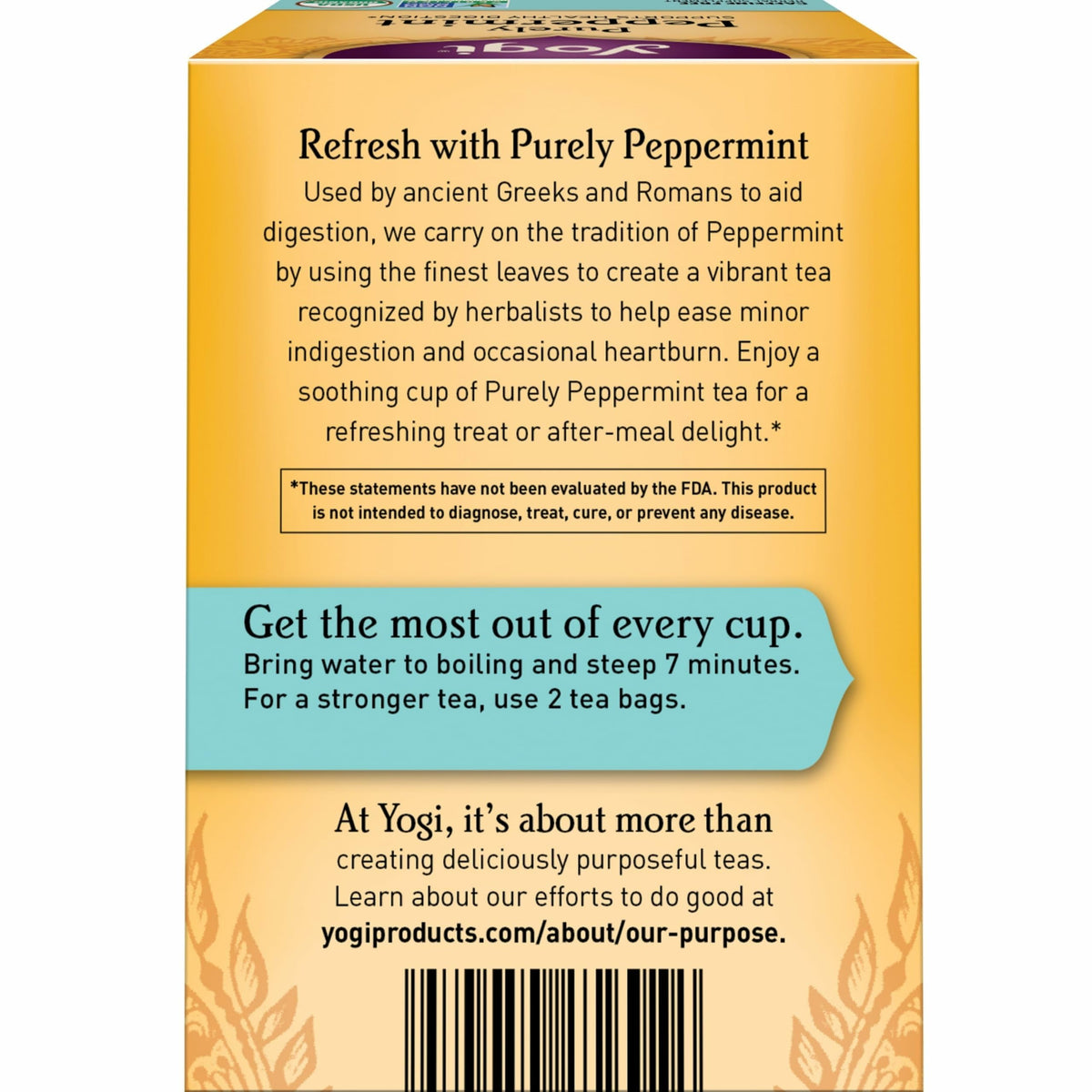 Yogi Purely Peppermint tea box side highlights USDA Organic and Non-GMO status