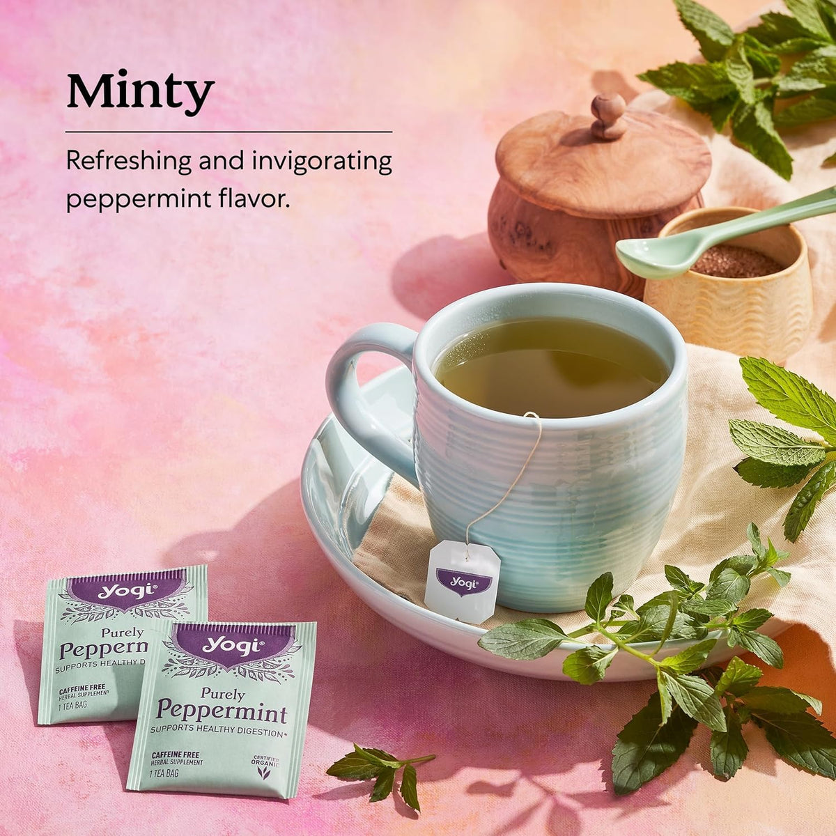 Caffeine-free Yogi Purely Peppermint helps a relaxed afternoon pause