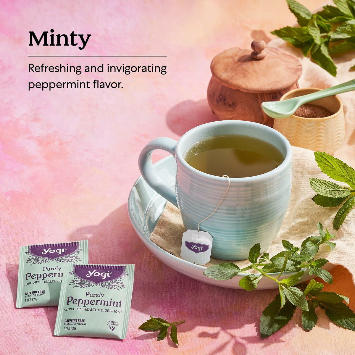 Close-up of organic peppermint leaves used in Yogi Purely Peppermint