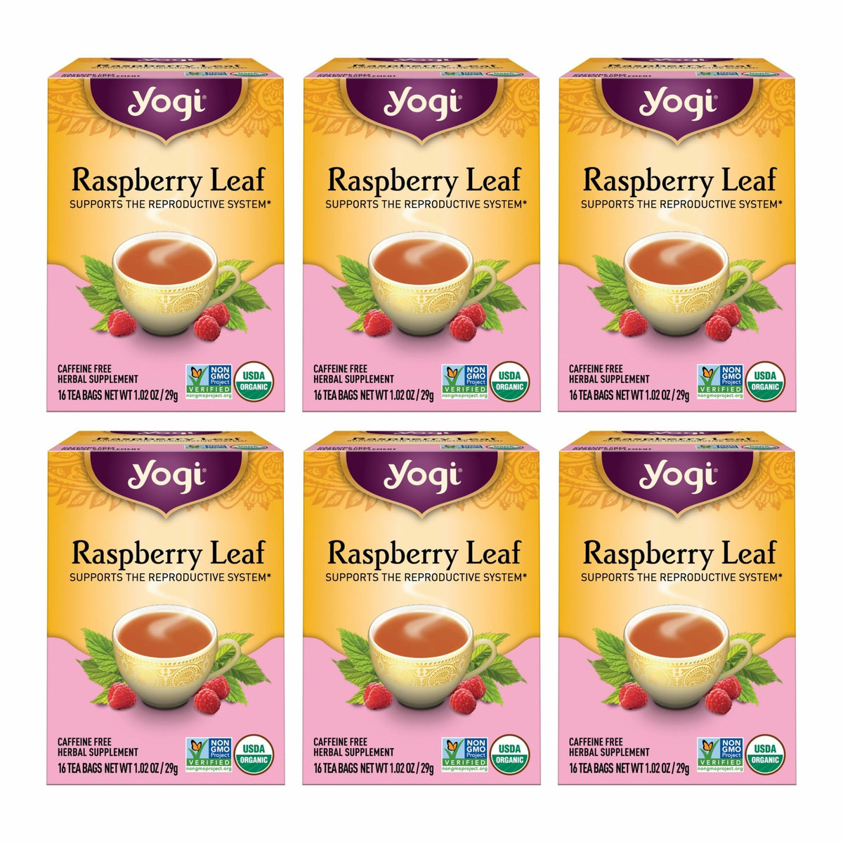Yogi Raspberry Leaf Tea 16 bags per pack on display, ideal for daily ritual.