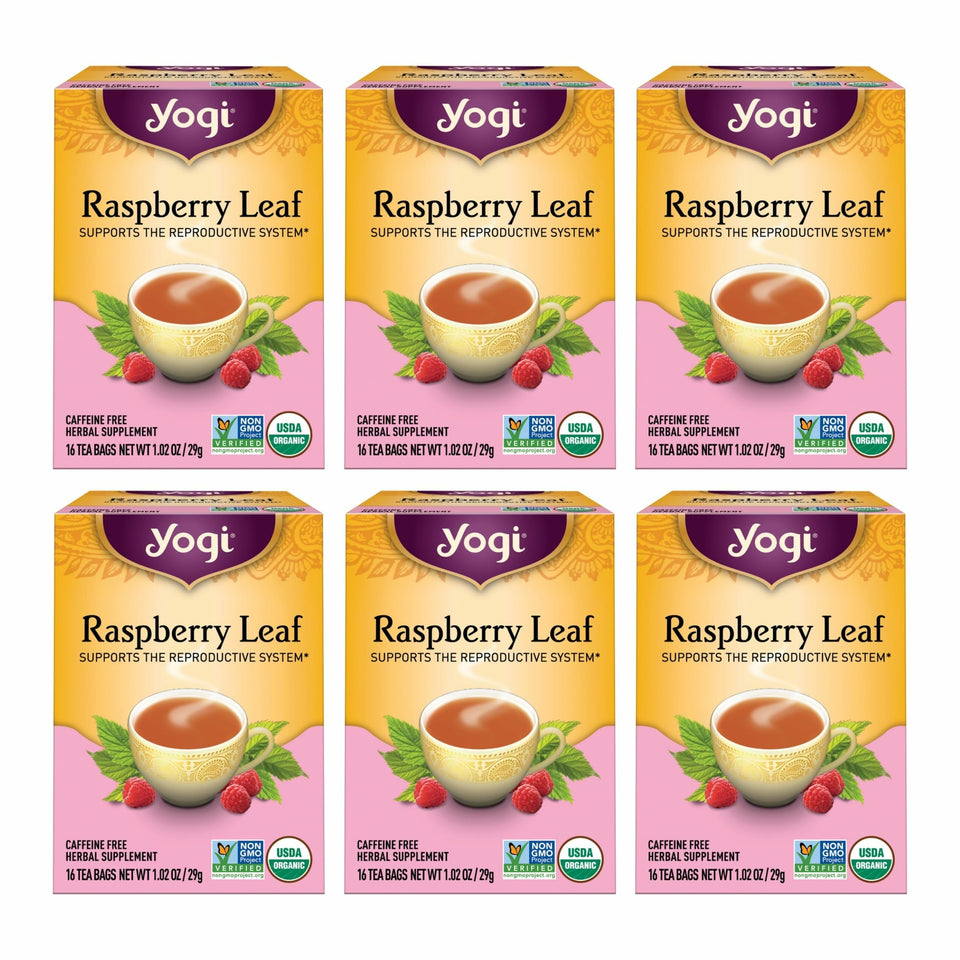 Yogi Raspberry Leaf Tea 16 bags per pack on display, ideal for daily ritual.
