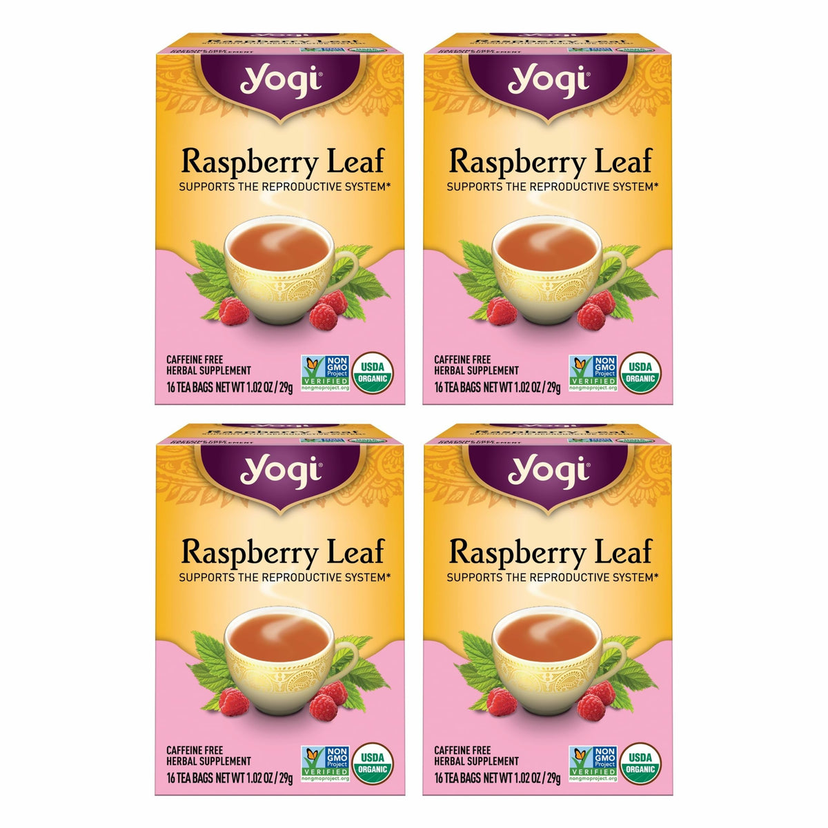 Yogi Raspberry Leaf Tea bags 4-pack for a caffeine-free, comforting cup.