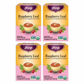 Yogi Raspberry Leaf Tea bags 4-pack for a caffeine-free, comforting cup.