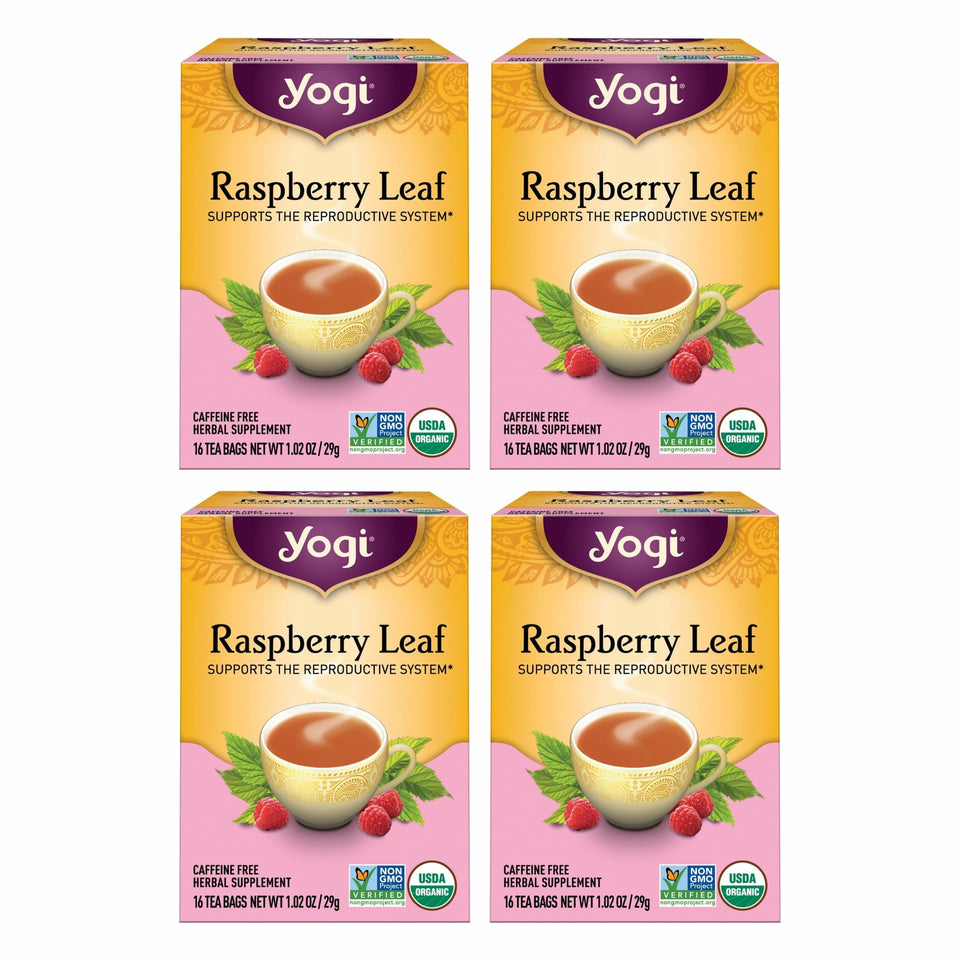 Yogi Raspberry Leaf Tea bags 4-pack for a caffeine-free, comforting cup.