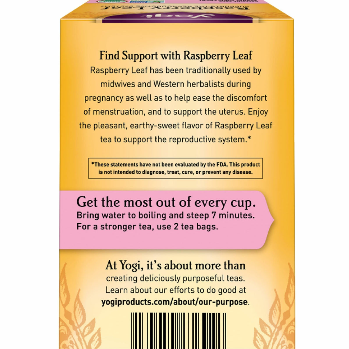 Yogi Raspberry Leaf Tea packaging shows organic certification for quality assurance.