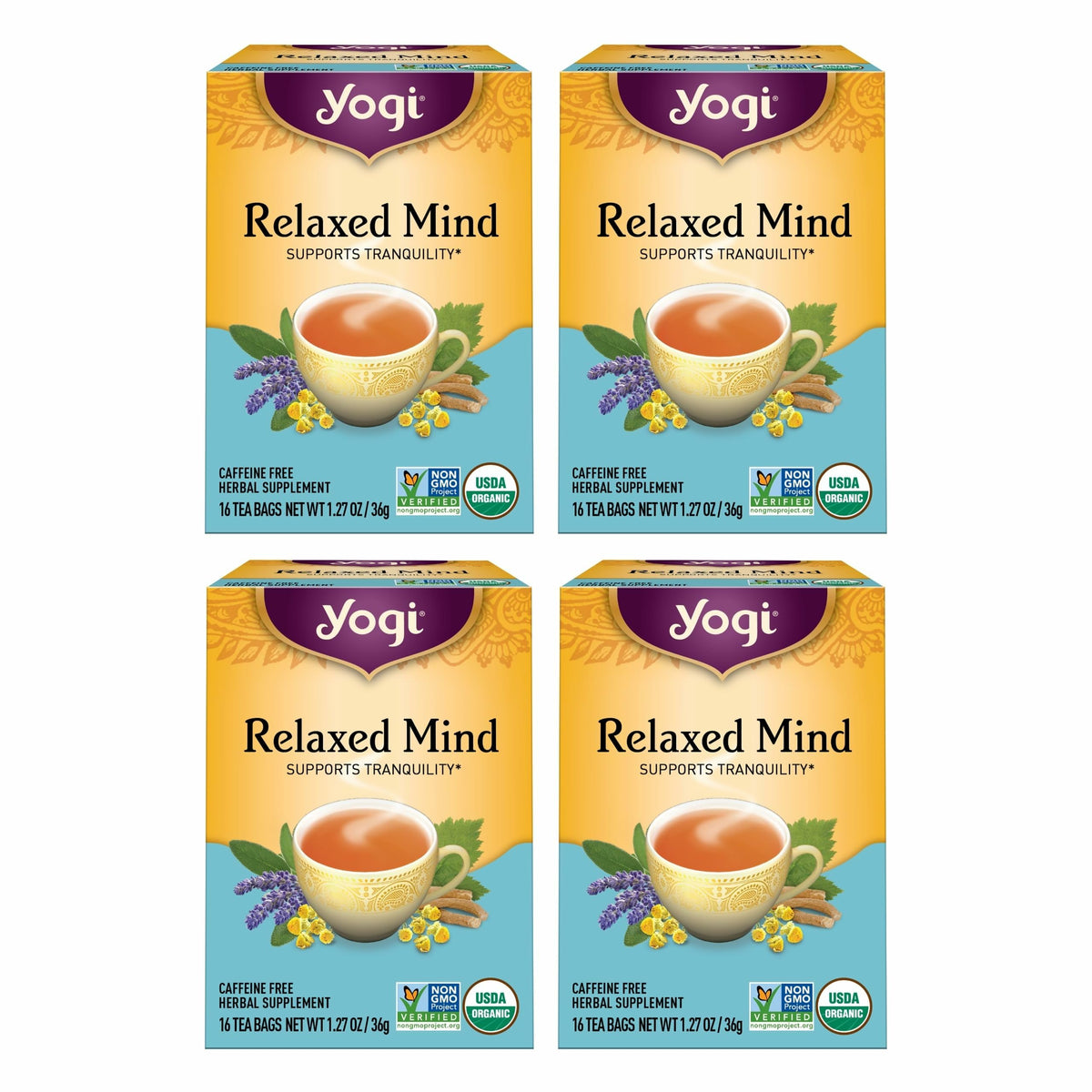 Yogi Relaxed Mind Tea box front shows 64 bags for versatile everyday calm.