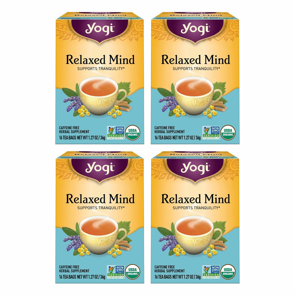 Yogi Relaxed Mind Tea box front shows 64 bags for versatile everyday calm.