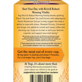 Organic vegan Yogi Rich & Robust Morning Vitality blend with puerh and chicory for a cozy aroma.