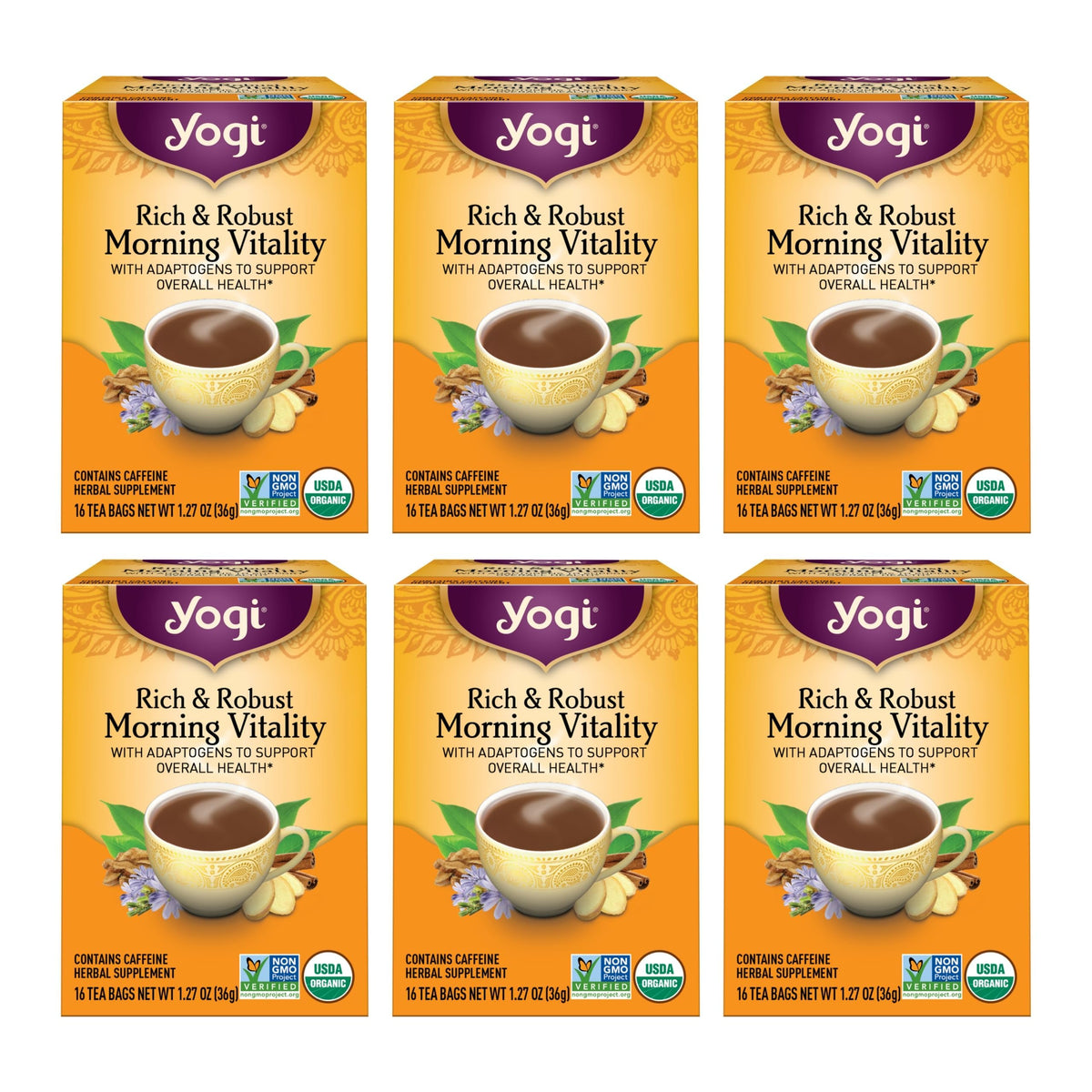 Yogi Rich & Robust Morning Vitality tea bag close-up for an energizing morning ritual.