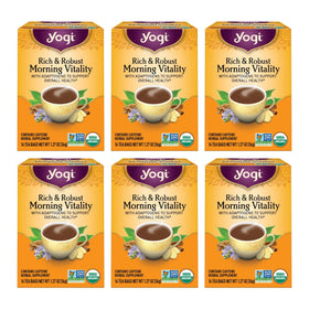 Yogi Rich & Robust Morning Vitality tea bag close-up for an energizing morning ritual.