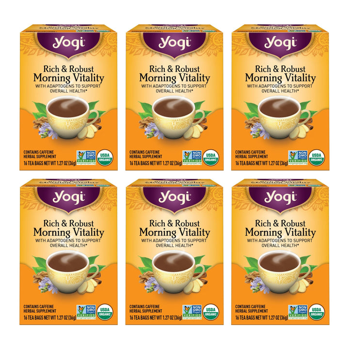 Yogi Rich & Robust Morning Vitality tea bag close-up for an energizing morning ritual.