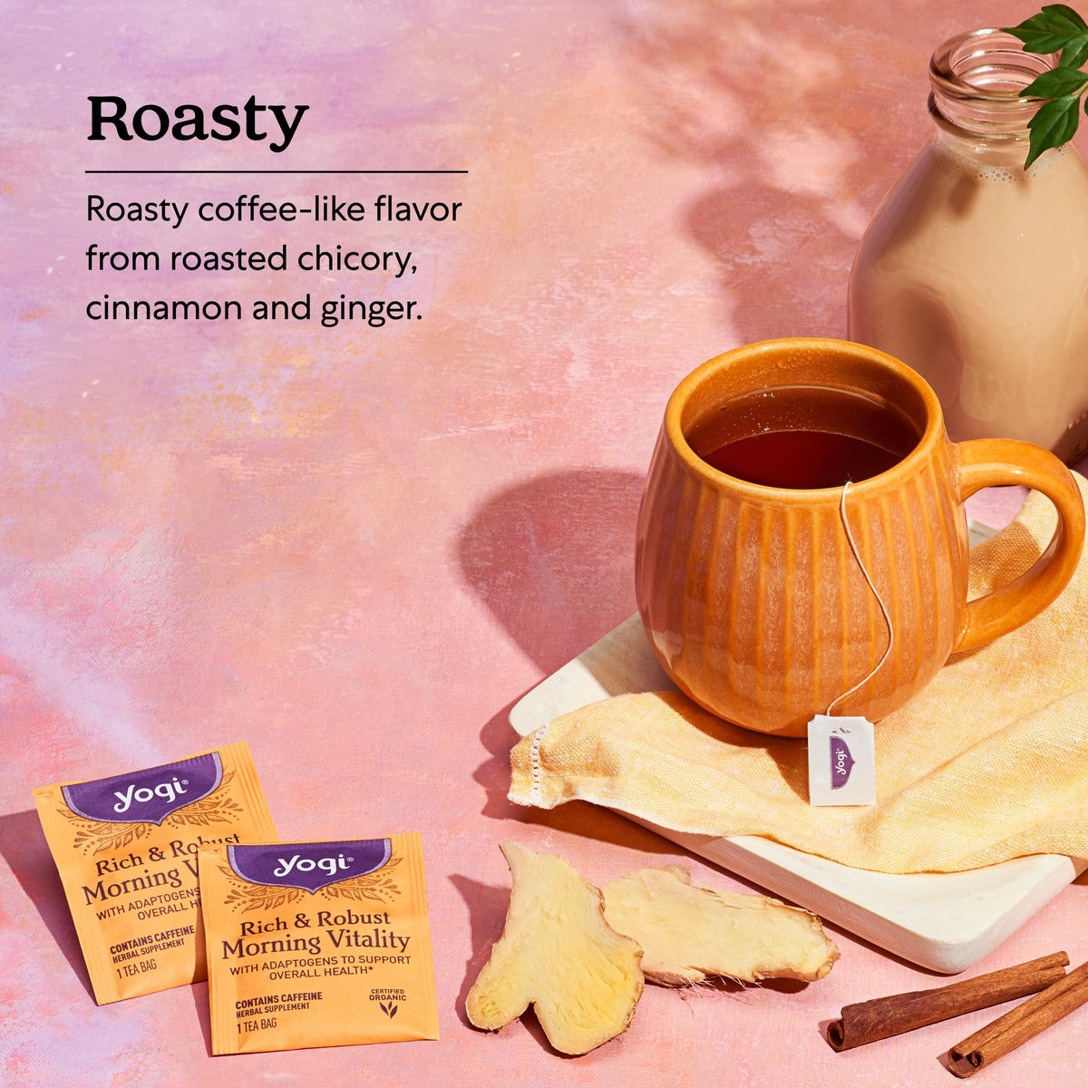 Front of Yogi Rich & Robust Morning Vitality packaging highlighting a six-pack for convenient mornings.
