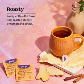 Front of Yogi Rich & Robust Morning Vitality packaging highlighting a six-pack for convenient mornings.