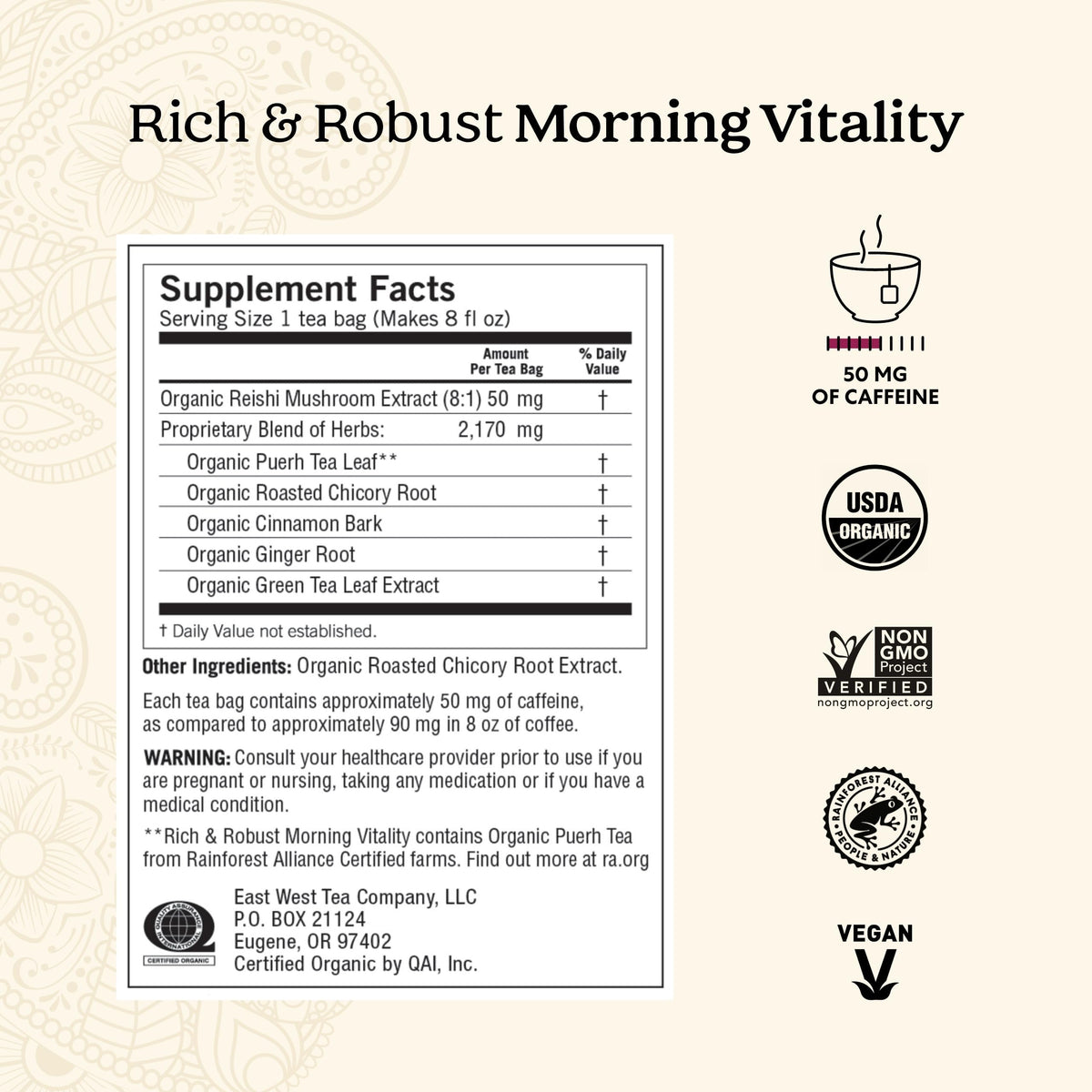 Two Yogi Rich & Robust Morning Vitality tea bags for a bolder morning cup.