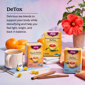 Brewed cup of Yogi Roasted Dandelion DeTox — earthy aroma and comforting flavor.