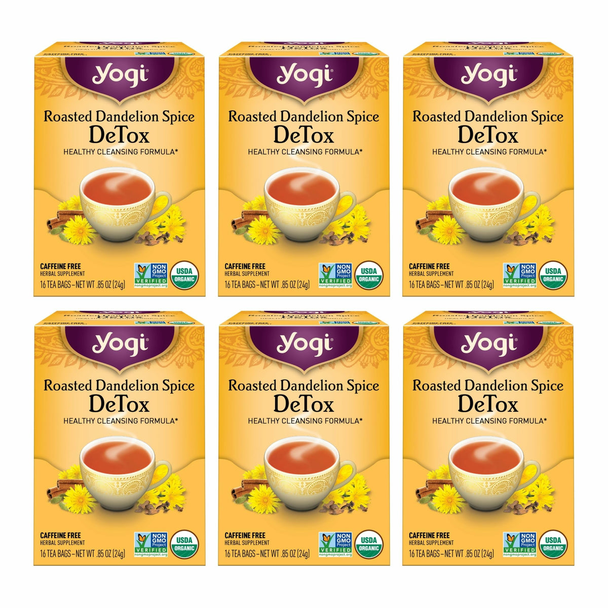 Yogi Roasted Dandelion DeTox tea pack — organic caffeine-free detox ready to brew.