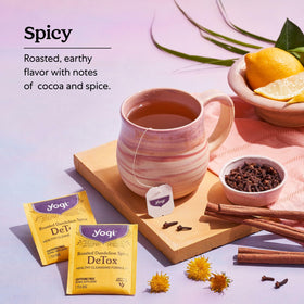 Close-up of roasted dandelion root and spice blend in Yogi tea
