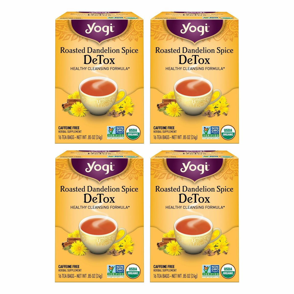 Yogi roasted dandelion spice detox tea bags ready for brewing