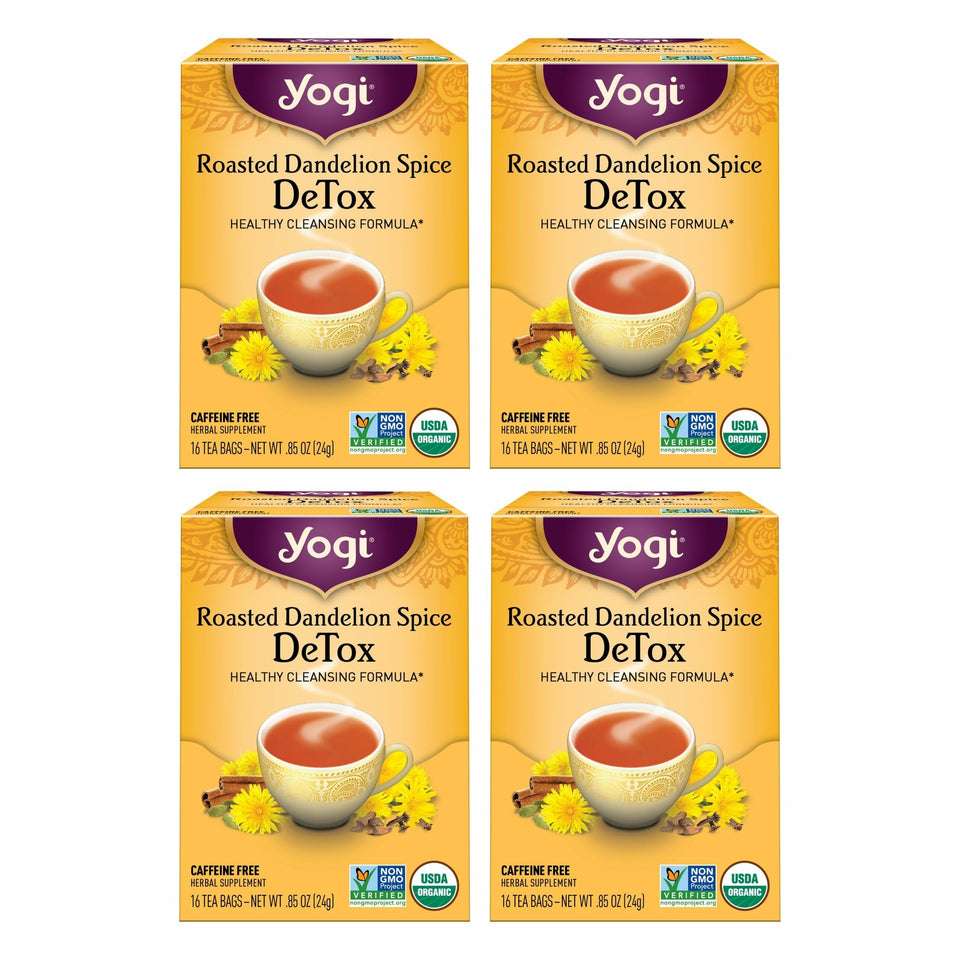 Yogi roasted dandelion spice detox tea bags ready for brewing