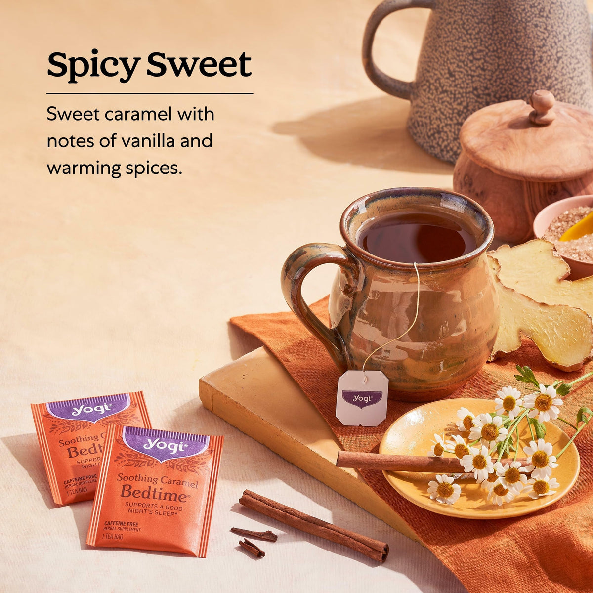 Yogi Soothing Caramel Bedtime Tea aroma steam highlights inviting vanilla caramel notes during steeping.