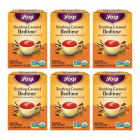 Yogi Soothing Caramel Bedtime Tea packaging emphasizes sustainability for a calm shopping choice.