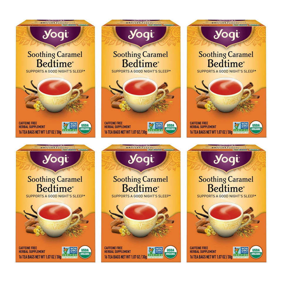 Yogi Soothing Caramel Bedtime Tea packaging emphasizes sustainability for a calm shopping choice.