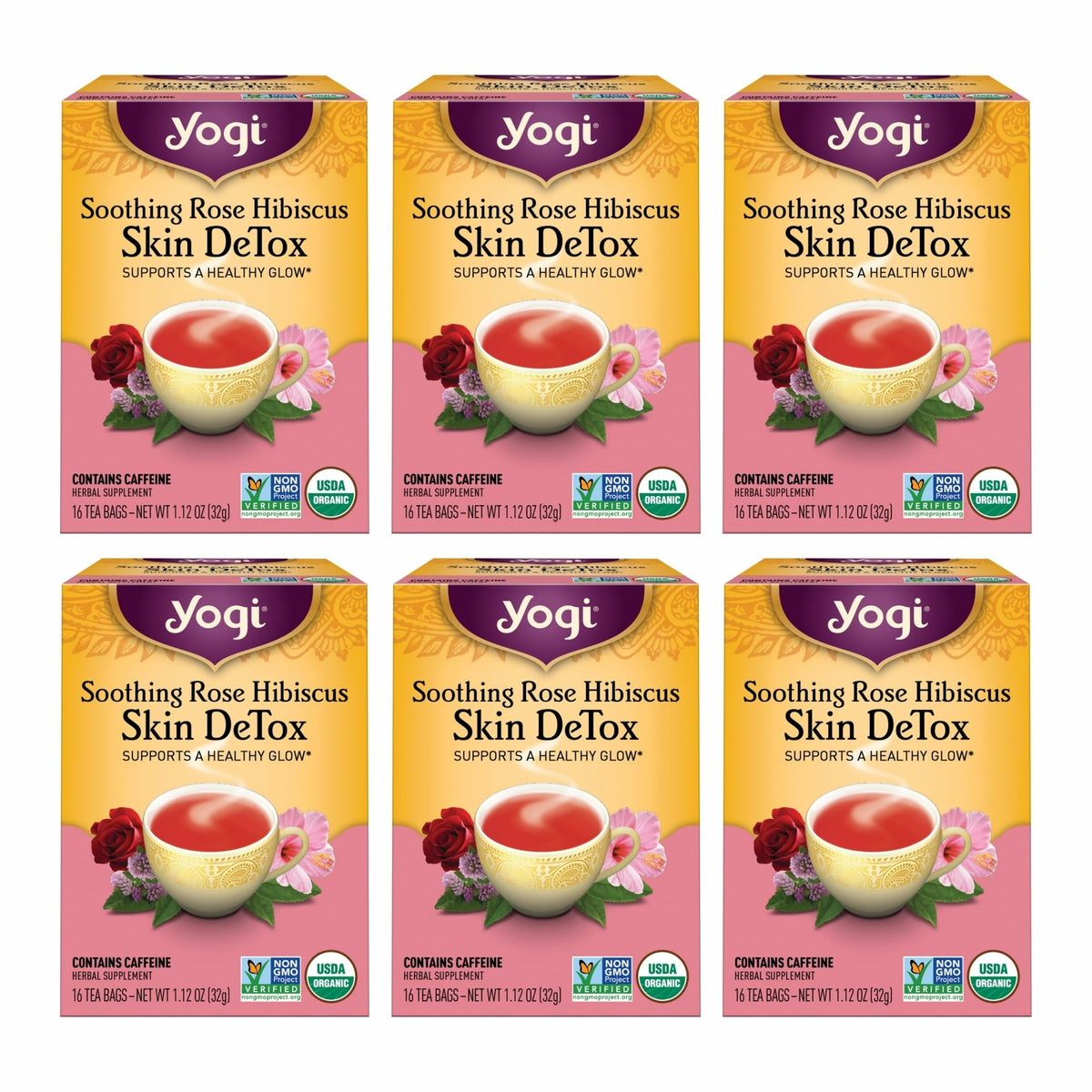 Yogi Soothing Rose Hibiscus Skin DeTox tea pack—floral aroma for a calming daily ritual.