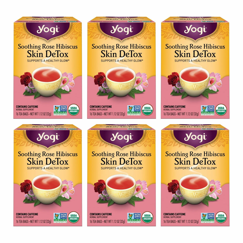Yogi Soothing Rose Hibiscus Skin DeTox tea pack—floral aroma for a calming daily ritual.