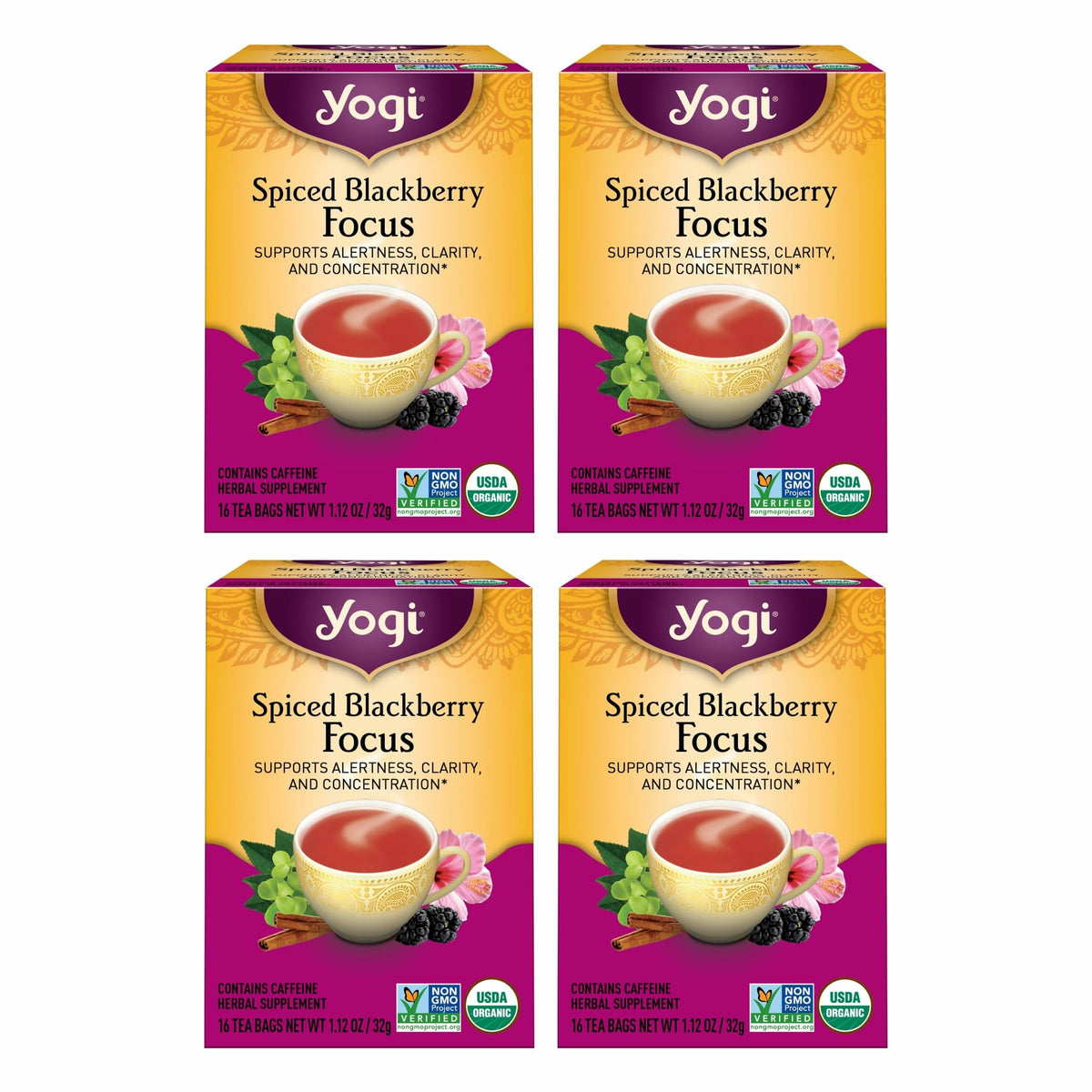 Yogi Spiced Blackberry Focus tea bag in cup for a focused, mindful moment.