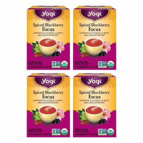 Yogi Spiced Blackberry Focus tea bag in cup for a focused, mindful moment.