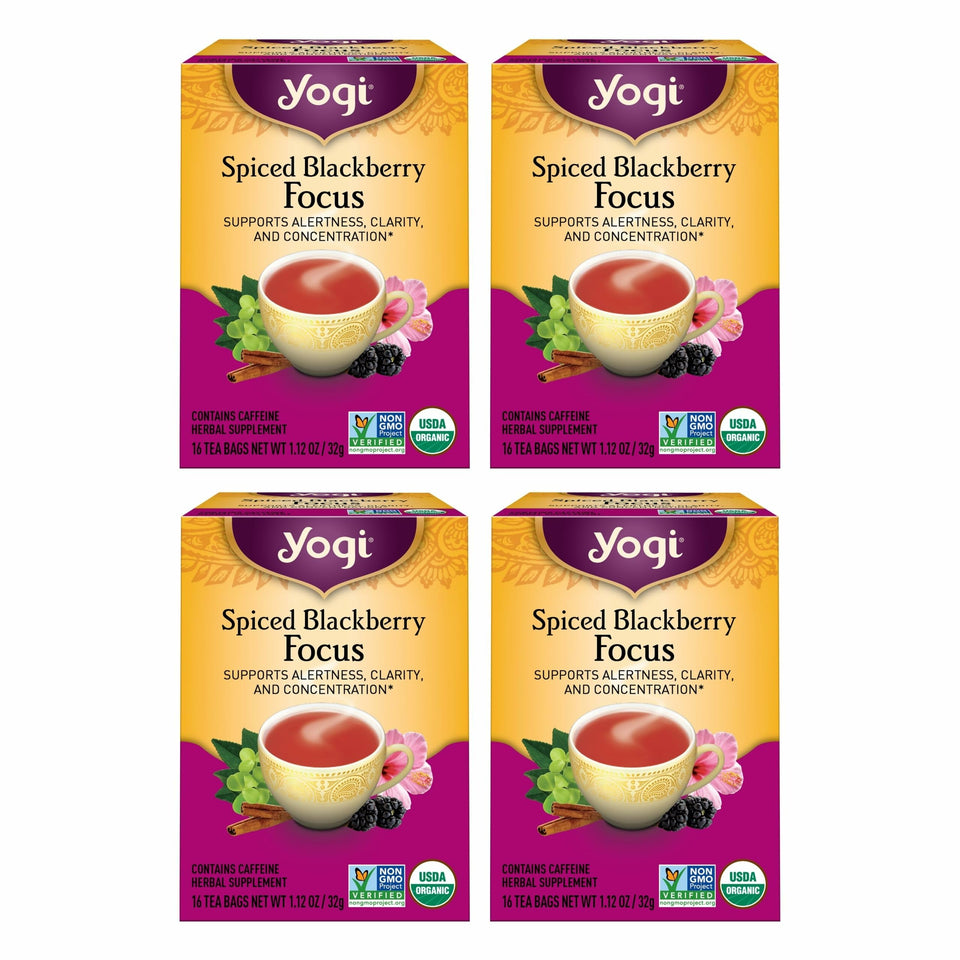 Yogi Spiced Blackberry Focus tea bag in cup for a focused, mindful moment.
