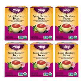 Yogi Spiced Blackberry Focus Tea pack of six on a shelf, ready for brewing.