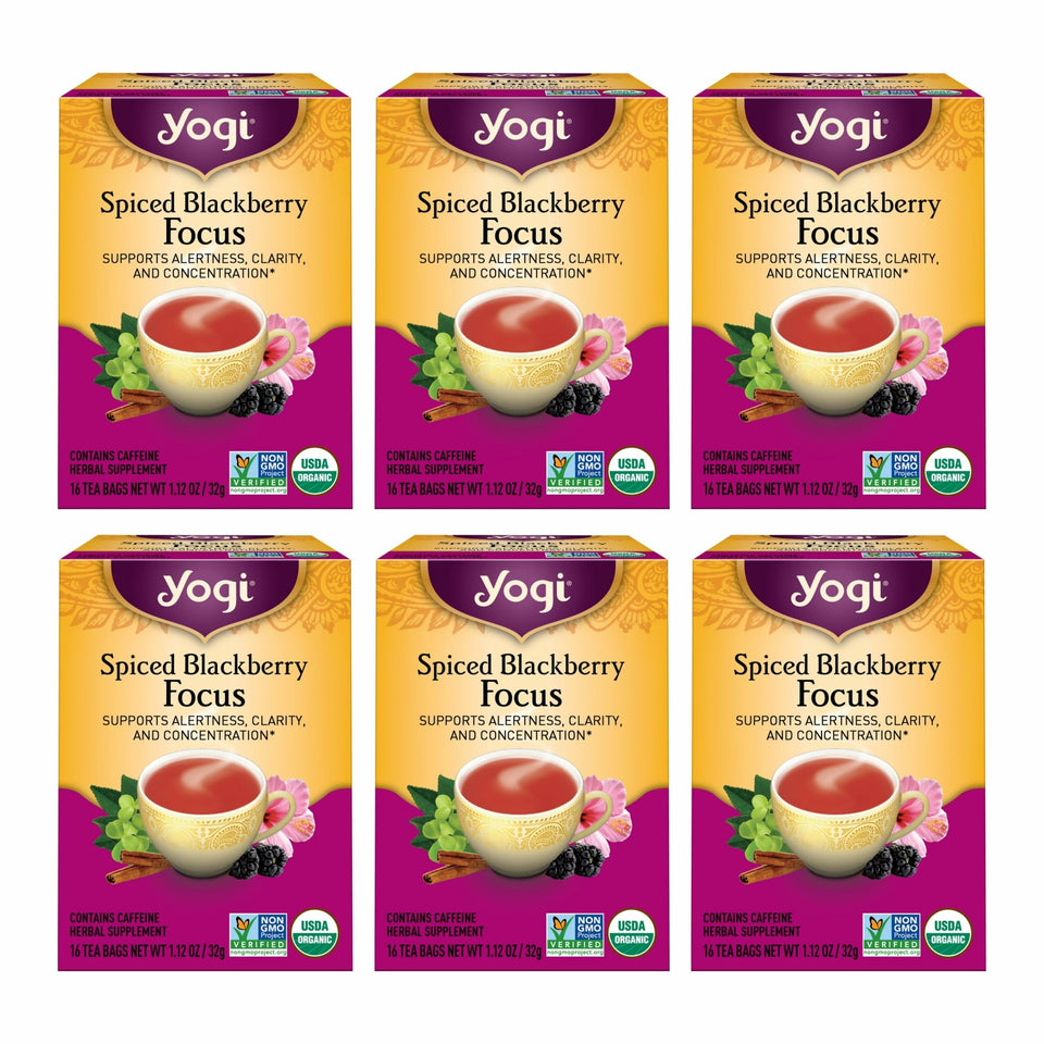 Yogi Spiced Blackberry Focus Tea pack of six on a shelf, ready for brewing.