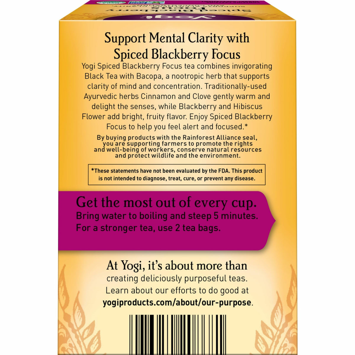 Close-up of Yogi Spiced Blackberry Focus Tea ingredients with berry and spice notes.