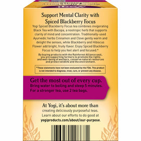 Close-up of Yogi Spiced Blackberry Focus Tea ingredients with berry and spice notes.