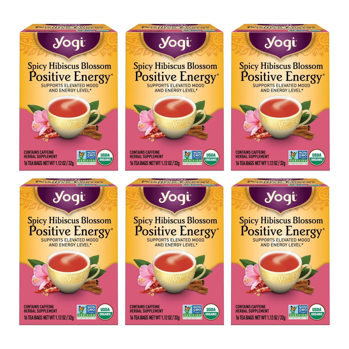 Yogi Spicy Hibiscus Blossom box front showing energy and flavor