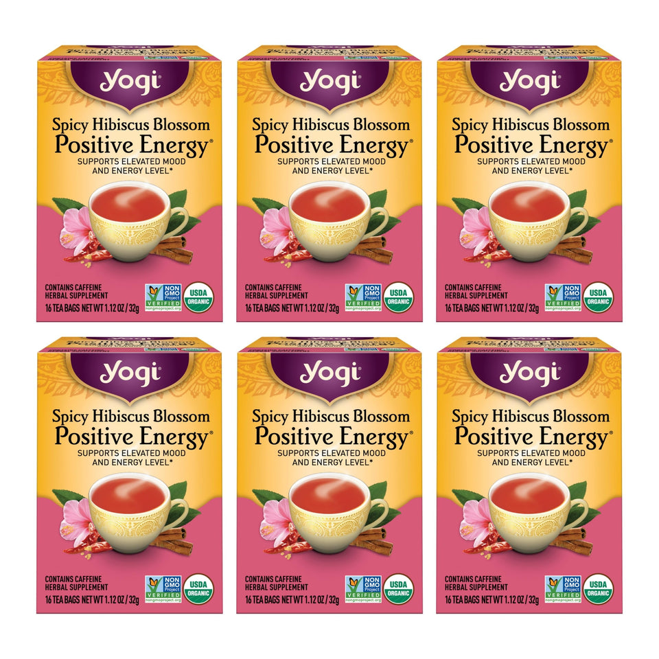 Yogi Spicy Hibiscus Blossom box front showing energy and flavor