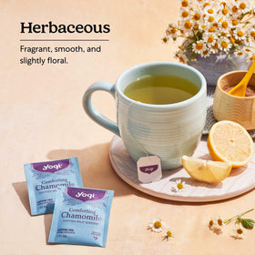 Steeping Yogi Chamomile Tea in hot water releases gentle floral notes.