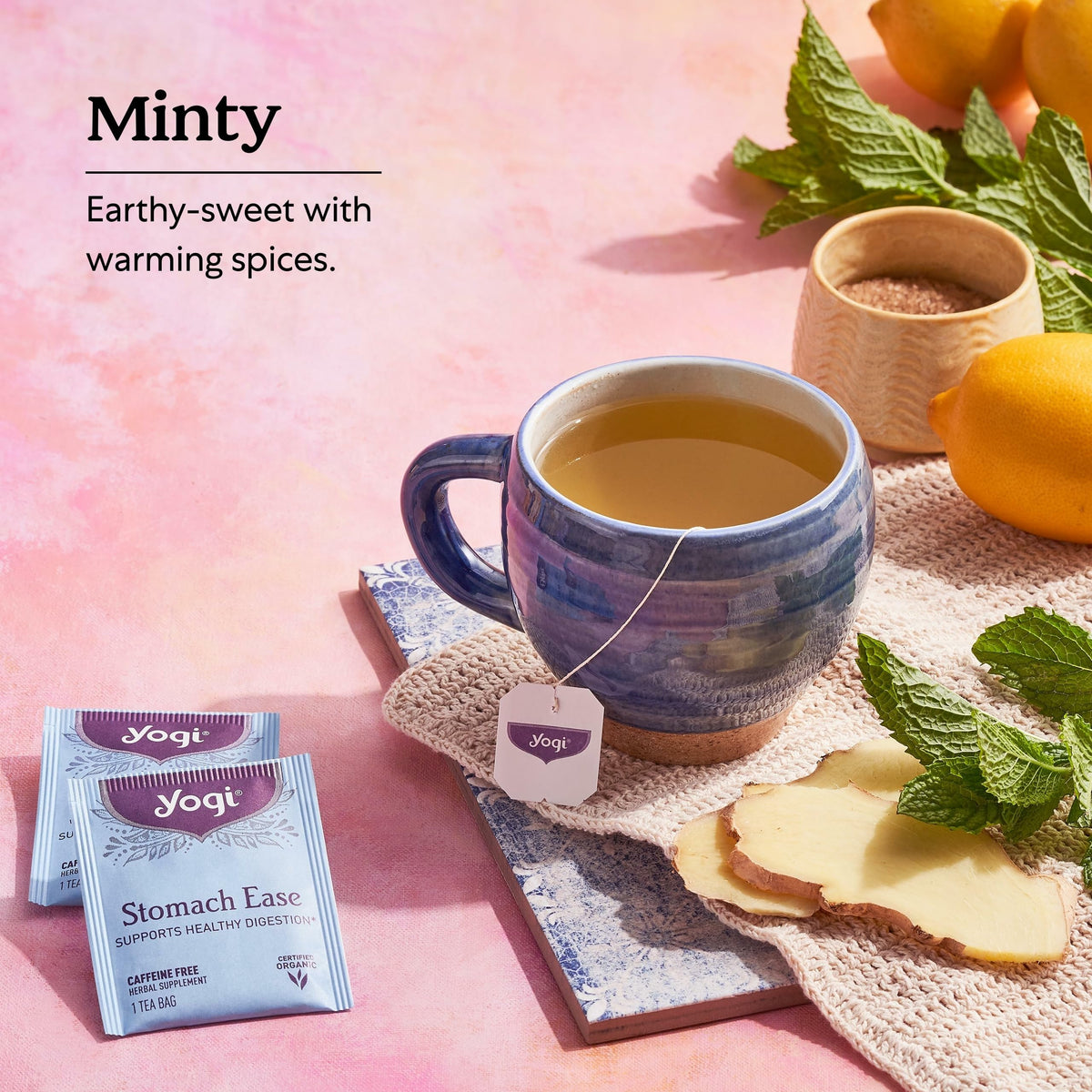 Organic vegan non-GMO ingredients in Yogi Stomach Ease support a clean tea choice.